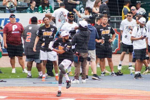 The fourth annual Devonta Smith Celebrity Softball Game takes place Saturday, June 28, 2025, at Coca-Cola Park in Allentown. The event features players from the Philadelphia Eagles competing in a home-run derby and a softball game. (Oliver Lois Economidis/The Morning Call)