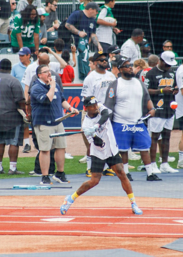 The fourth annual Devonta Smith Celebrity Softball Game takes place Saturday, June 28, 2025, at Coca-Cola Park in Allentown. The event features players from the Philadelphia Eagles competing in a home-run derby and a softball game. (Oliver Lois Economidis/The Morning Call)