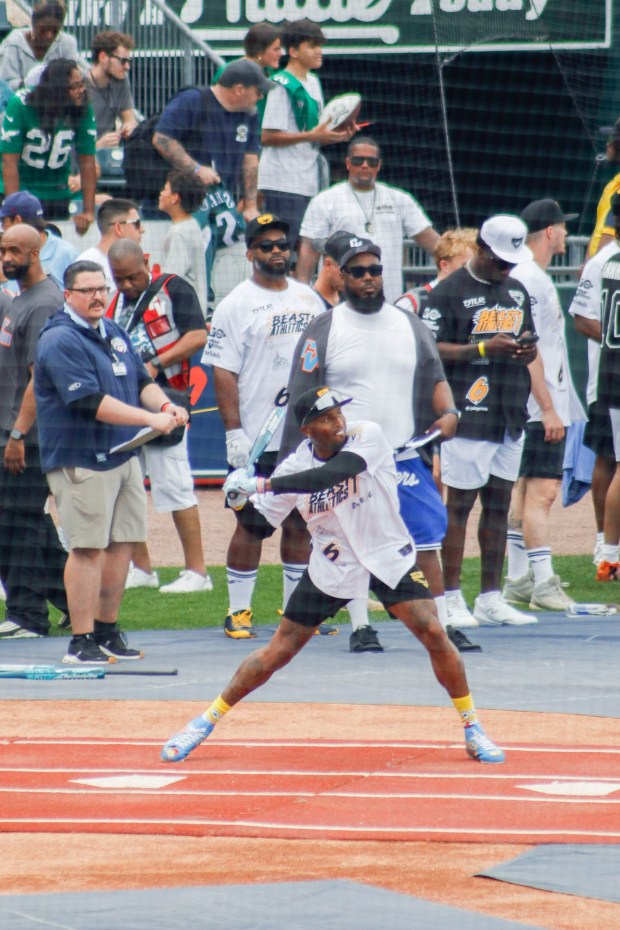 The fourth annual Devonta Smith Celebrity Softball Game takes place Saturday, June 28, 2025, at Coca-Cola Park in Allentown. The event features players from the Philadelphia Eagles competing in a home-run derby and a softball game. (Oliver Lois Economidis/The Morning Call)