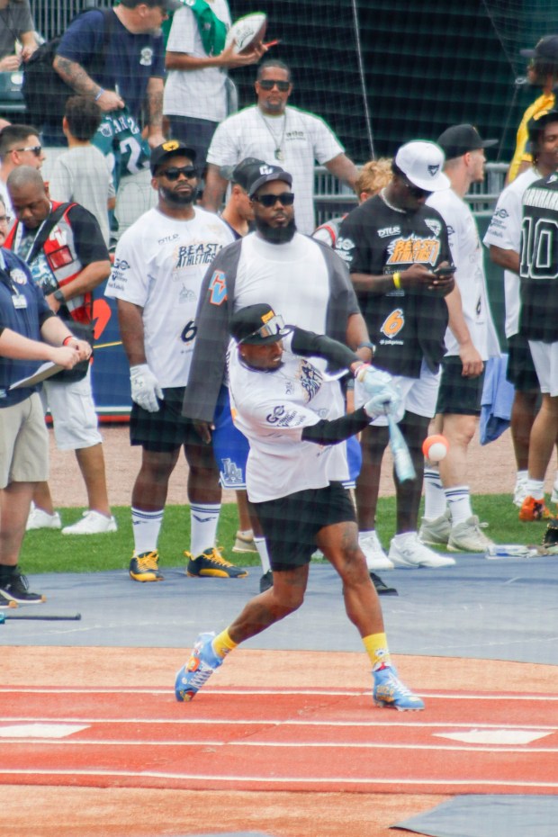 The fourth annual Devonta Smith Celebrity Softball Game takes place Saturday, June 28, 2025, at Coca-Cola Park in Allentown. The event features players from the Philadelphia Eagles competing in a home-run derby and a softball game. (Oliver Lois Economidis/The Morning Call)