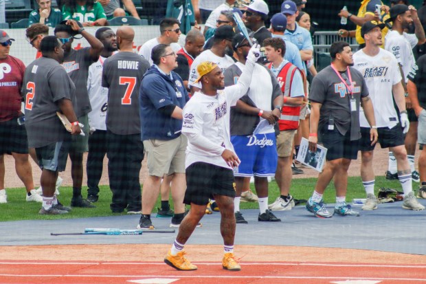 The fourth annual Devonta Smith Celebrity Softball Game takes place Saturday, June 28, 2025, at Coca-Cola Park in Allentown. The event features players from the Philadelphia Eagles competing in a home-run derby and a softball game. (Oliver Lois Economidis/The Morning Call)