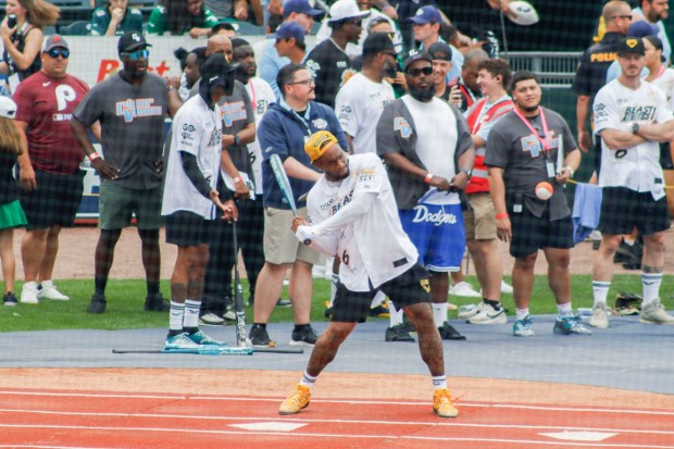 The fourth annual Devonta Smith Celebrity Softball Game takes place Saturday, June 28, 2025, at Coca-Cola Park in Allentown. The event features players from the Philadelphia Eagles competing in a home-run derby and a softball game. (Oliver Lois Economidis/The Morning Call)