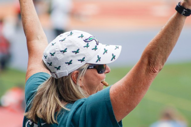 Eagles fans pack Coca-Cola Park on Saturday, June 28, 2025, in Allentown during the fourth annual Devonta Smith Celebrity Softball Game. The event featured players from the Philadelphia Eagles competing in a home-run derby and a softball game. (Oliver Lois Economidis/The Morning Call)
