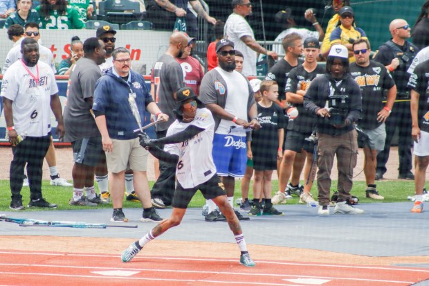 The fourth annual Devonta Smith Celebrity Softball Game takes place Saturday, June 28, 2025, at Coca-Cola Park in Allentown. The event features players from the Philadelphia Eagles competing in a home-run derby and a softball game. (Oliver Lois Economidis/The Morning Call)
