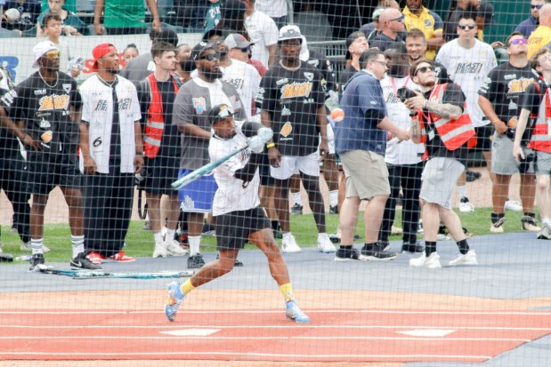 The fourth annual Devonta Smith Celebrity Softball Game takes place Saturday, June 28, 2025, at Coca-Cola Park in Allentown. The event features players from the Philadelphia Eagles competing in a home-run derby and a softball game. (Oliver Lois Economidis/The Morning Call)