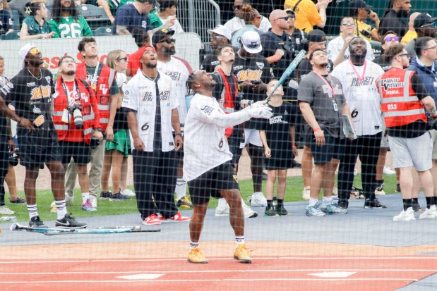 The fourth annual Devonta Smith Celebrity Softball Game takes place Saturday, June 28, 2025, at Coca-Cola Park in Allentown. The event features players from the Philadelphia Eagles competing in a home-run derby and a softball game. (Oliver Lois Economidis/The Morning Call)