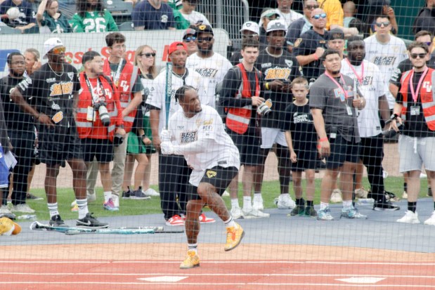 The fourth annual Devonta Smith Celebrity Softball Game takes place Saturday, June 28, 2025, at Coca-Cola Park in Allentown. The event features players from the Philadelphia Eagles competing in a home-run derby and a softball game. (Oliver Lois Economidis/The Morning Call)