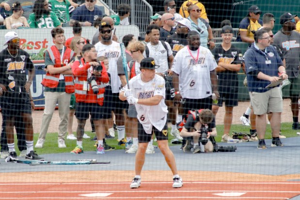 The fourth annual Devonta Smith Celebrity Softball Game takes place Saturday, June 28, 2025, at Coca-Cola Park in Allentown. The event features players from the Philadelphia Eagles competing in a home-run derby and a softball game. (Oliver Lois Economidis/The Morning Call)