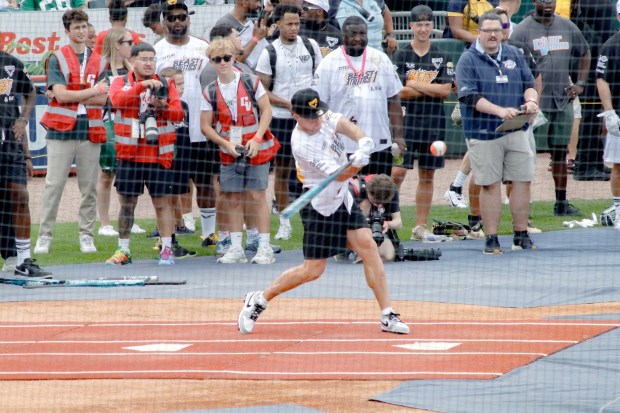 The fourth annual Devonta Smith Celebrity Softball Game takes place Saturday, June 28, 2025, at Coca-Cola Park in Allentown. The event features players from the Philadelphia Eagles competing in a home-run derby and a softball game. (Oliver Lois Economidis/The Morning Call)