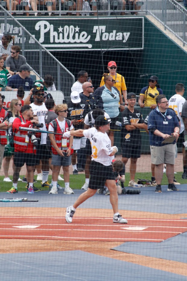 The fourth annual Devonta Smith Celebrity Softball Game takes place Saturday, June 28, 2025, at Coca-Cola Park in Allentown. The event features players from the Philadelphia Eagles competing in a home-run derby and a softball game. (Oliver Lois Economidis/The Morning Call)