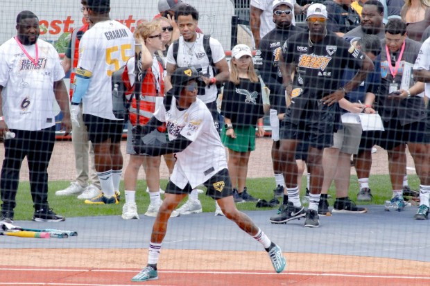 The fourth annual Devonta Smith Celebrity Softball Game takes place Saturday, June 28, 2025, at Coca-Cola Park in Allentown. The event features players from the Philadelphia Eagles competing in a home-run derby and a softball game. (Oliver Lois Economidis/The Morning Call)