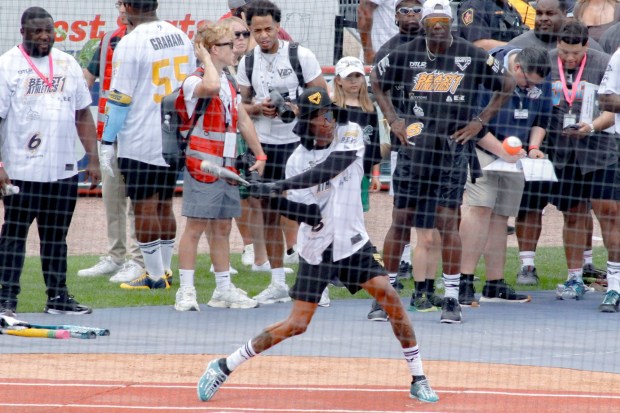 The fourth annual Devonta Smith Celebrity Softball Game takes place Saturday, June 28, 2025, at Coca-Cola Park in Allentown. The event features players from the Philadelphia Eagles competing in a home-run derby and a softball game. (Oliver Lois Economidis/The Morning Call)