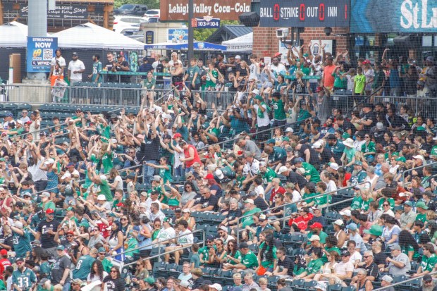 Eagles fans pack Coca-Cola Park on Saturday, June 28, 2025, in Allentown during the fourth annual Devonta Smith Celebrity Softball Game. The event featured players from the Philadelphia Eagles competing in a home-run derby and a softball game. (Oliver Lois Economidis/The Morning Call)