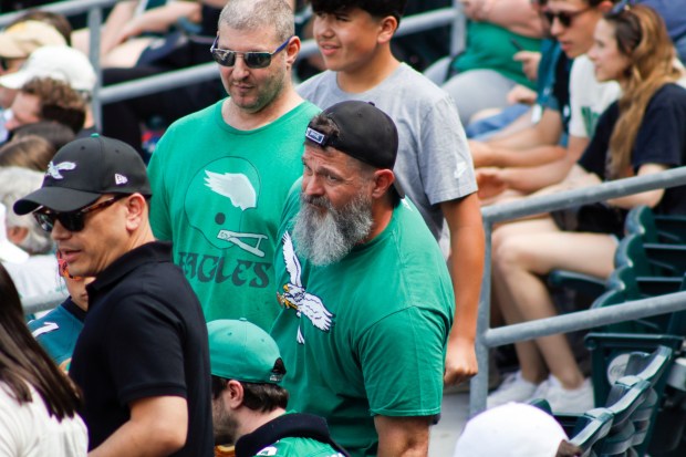 Eagles fans pack Coca-Cola Park on Saturday, June 28, 2025, in Allentown during the fourth annual Devonta Smith Celebrity Softball Game. The event featured players from the Philadelphia Eagles competing in a home-run derby and a softball game. (Oliver Lois Economidis/The Morning Call)