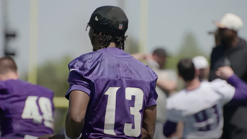 Tai Felton participates in drills during Vikings rookie minicamp at TCO Performance Center. Vikings breakout players.