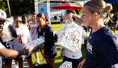 U.S. Flag National Team members unbox She’s Next gear from the Houston Texans and foundation vice president Hannah McNair, on June 18, 2025, in Carson, Calif. (Hanna Yamamoto/Houston Texans via AP)
