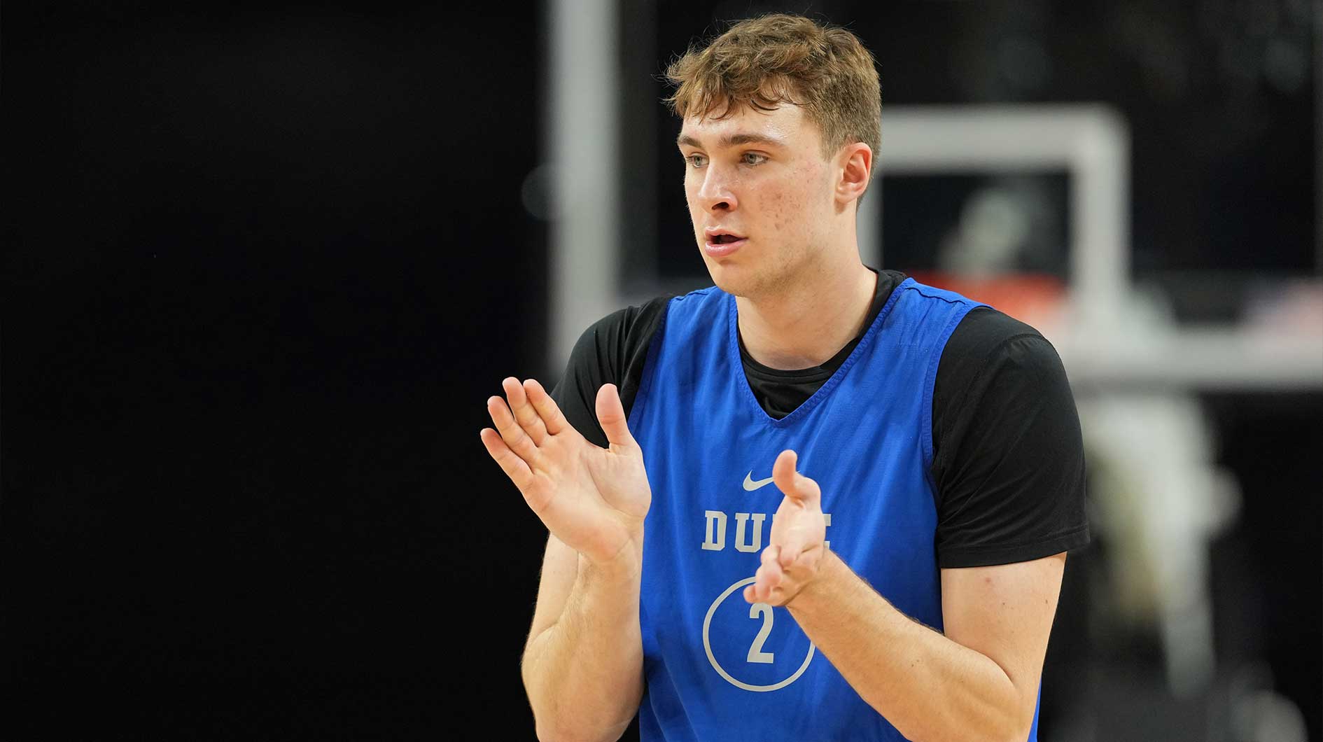 Duke Blue Devils guard Cooper Flagg (2) during a practice session for the Final Four of the 2025 NCAA tournament at Alamodome.