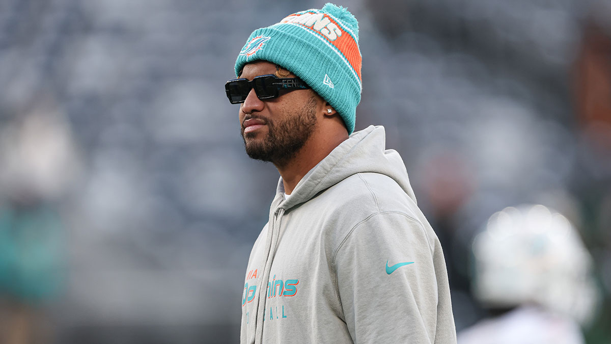 Miami Dolphins quarterback Tua Tagovailoa (1) on the field before the game against the New York Jets.