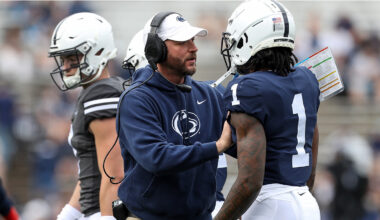 Penn State Nittany Lions head coach James Franklin shakes hands with Oregon Ducks head coach Dan Lanning in the 2024 Big Ten Championship game at Lucas Oil Stadium. (Mandatory Credit: Robert Goddin-Imagn Images)