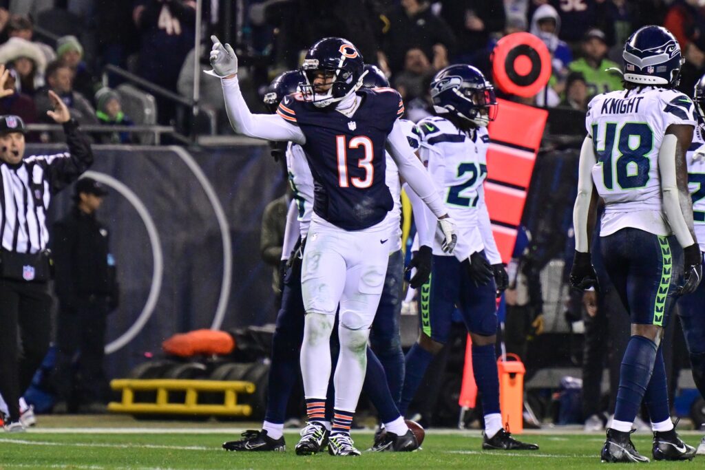Chicago Bears wide receiver Keenan Allen (13) signals first down after a catch against the Seattle Seahawks during the second quarter.