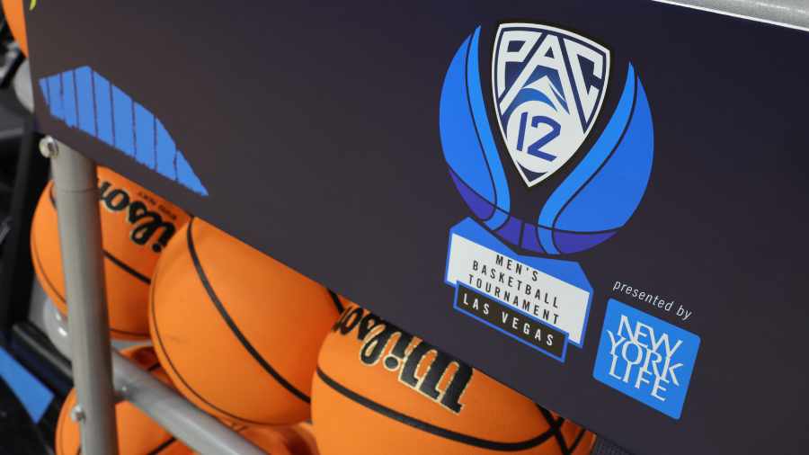 pac-12-basketball-logo-on-wilson-ball-rack-in-las-vegas...