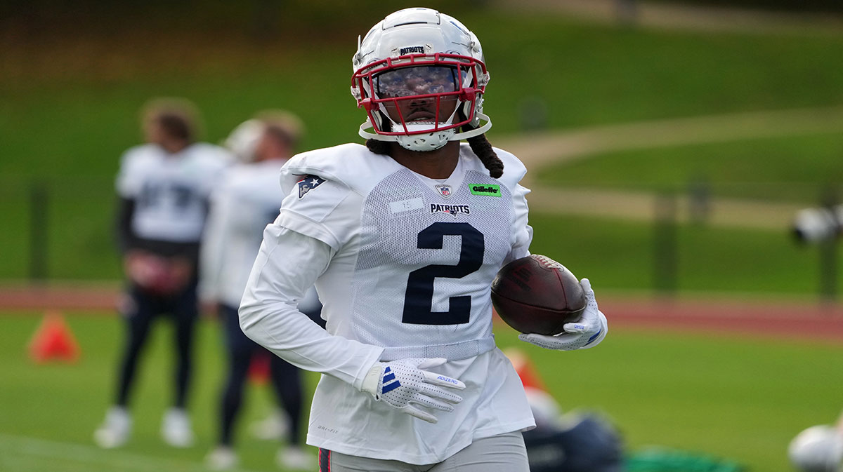 New England Patriots wide receiver K.J. Osborn (2) carries the ball during practice at the Harrow School.
