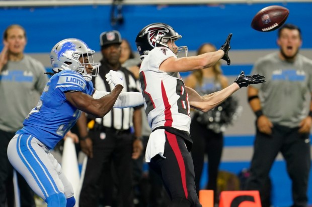 Falcons wide receiver Jared Bernhardt catches a 21-yard touchdown pass with less than two minutes to go in a 27-23 win over the Lions in Friday night's preseason opener.
