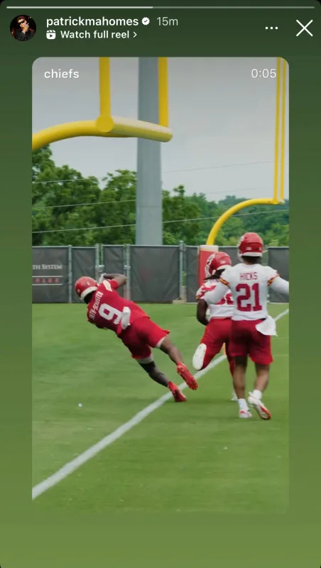 Patrick Mahomes reacts to JuJu Smith-Schuster's catchScreenshot from Patrick Mahomes' Instagram Story