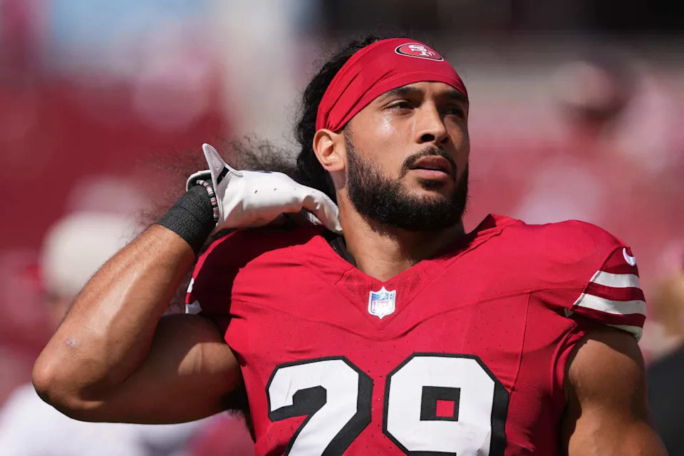 San Francisco 49ers safety Talanoa Hufanga (29) before the game against the Arizona Cardinals at Levi's Stadium.Darren Yamashita-Imagn Images