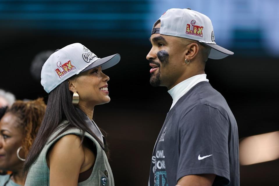 Bry Burrows and Jalen Hurts in February 2025. Getty Images