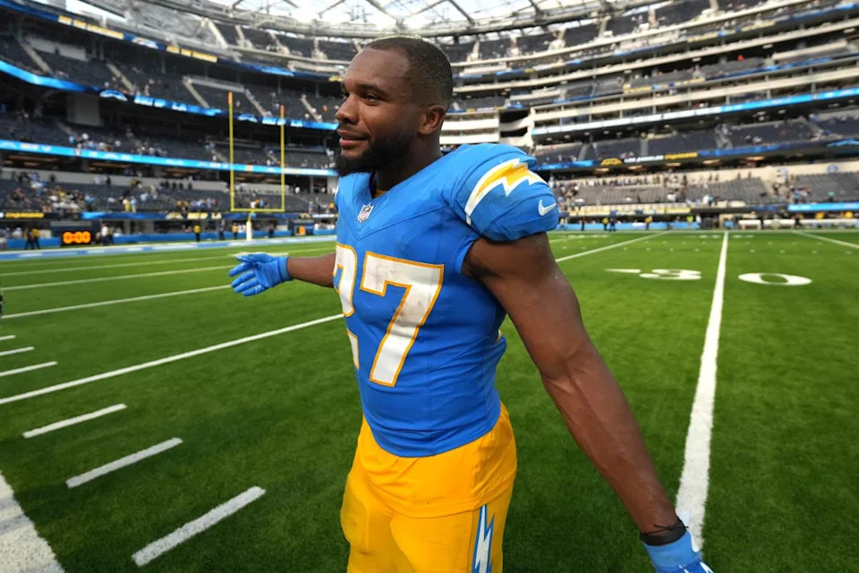 Sep 8, 2024; Inglewood, California, USA; Los Angeles Chargers running back J.K. Dobbins (27) leaves the field after the game against the Las Vegas Raiders at SoFi Stadium.Kirby Lee-Imagn Images