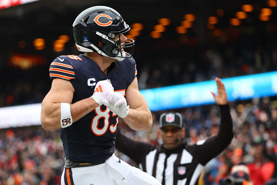 Chicago Bears tight end Cole Kmet (85) reacts after making a touchdown catch against the Detroit Lions during the second quarter at Soldier Field.Mike Dinovo-Imagn Images