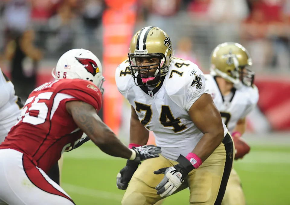 Oct. 10, 2010; New Orleans Saints tackle (74) Jermon Bushrod blocks against the Arizona Cardinals. Mandatory Credit: Mark J. Rebilas-Imagn Images
