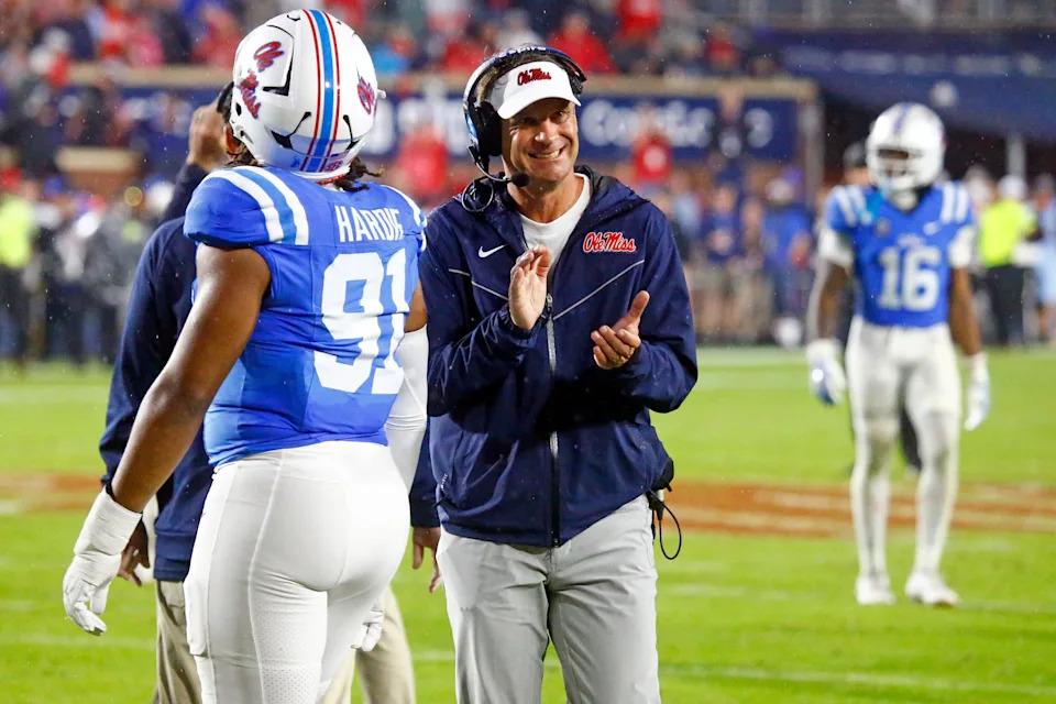 Mississippi Rebels head coach Lane Kiffin reacts