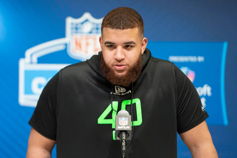 Clemson University offensive lineman Marcus Tate (OL40) answers questions at a press conference during the 2025 NFL Combine at Indiana Convention Center.© Jacob Musselman-Imagn Images