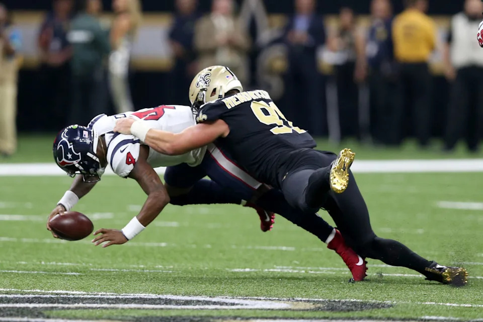 Sep 9, 2019; New Orleans Saints defensive end Trey Hendrickson (91) sacks Houston Texans quarterback Deshaun Watson (4). Mandatory Credit: Chuck Cook-Imagn Images