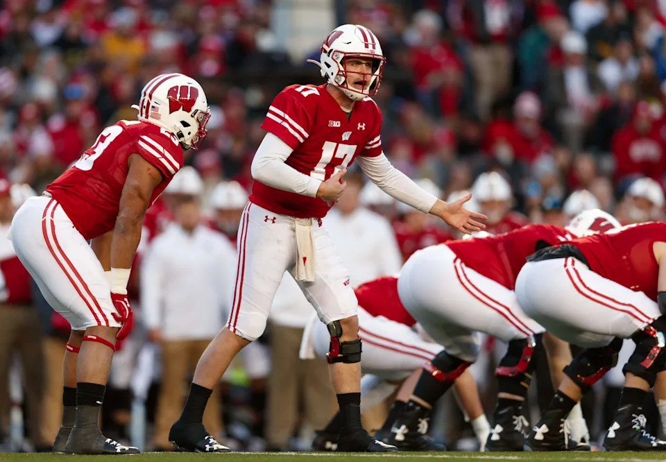 Nov 9, 2019; Madison, WI, USA; Wisconsin Badgers quarterback Jack Coan (17) during the game against the Iowa Hawkeyes at Camp Randall Stadium. Mandatory Credit: Jeff Hanisch-USA TODAY Sports