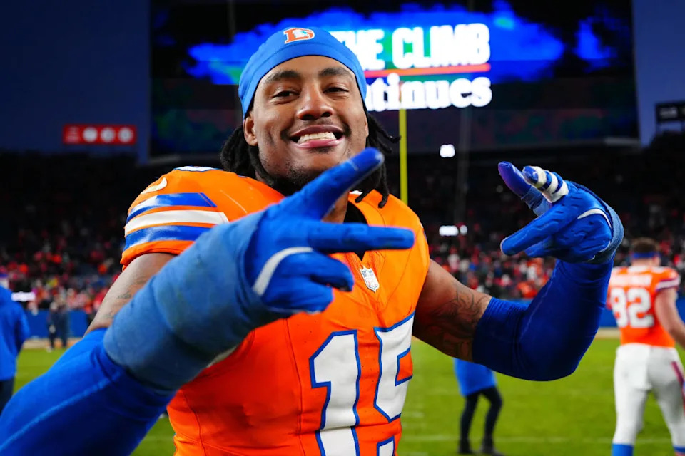 Denver Broncos linebacker Nik Bonitto (15) following the win against the Kansas City Chiefs at Empower Field at Mile High.Ron Chenoy-Imagn Images