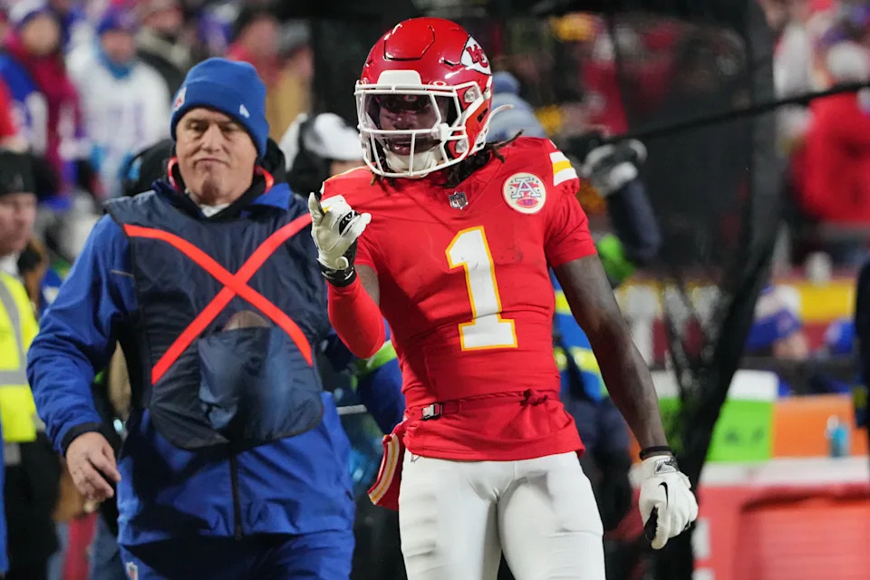 Jan 26, 2025; Kansas City, MO, USA; Kansas City Chiefs wide receiver Xavier Worthy (1) reacts against the Buffalo Bills during the first half in the AFC Championship game at GEHA Field at Arrowhead Stadium. Mandatory Credit: Denny Medley-Imagn Images