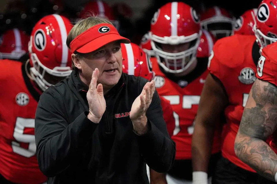 Georgia coach Kirby Smart takes the field with his team before the start of the SEC championship game against Texas in Atlanta, on Saturday, Dec. 7, 2024.Joshua L&period; Jones &sol; USA TODAY NETWORK via Imagn Images