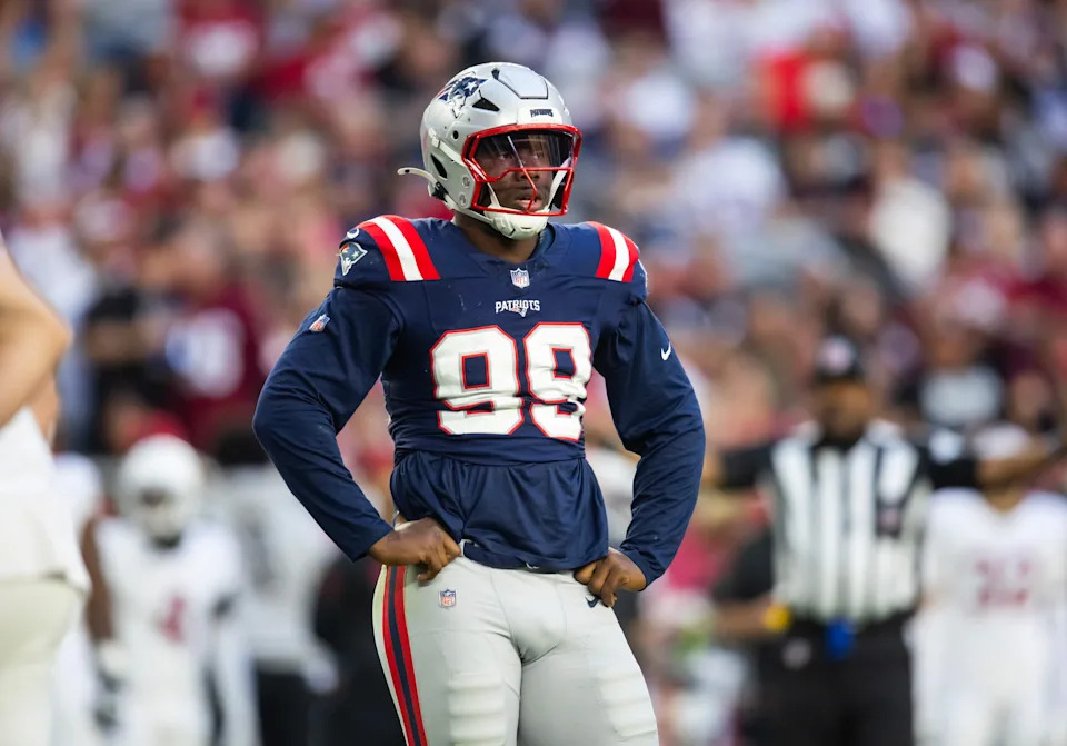 Dec 15, 2024; Glendale, Arizona, USA; New England Patriots defensive end Keion White (99) against the Arizona Cardinals at State Farm Stadium. Mandatory Credit: Mark J. Rebilas-Imagn Images