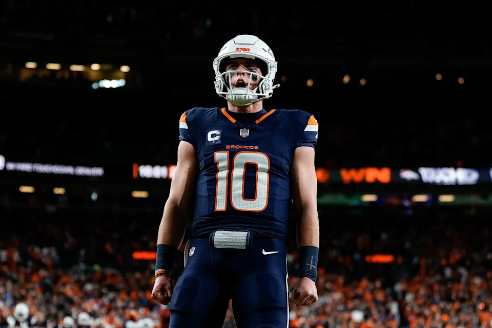 Dec 2, 2024; Denver, Colorado, USA; Denver Broncos quarterback Bo Nix (10) reacts after a play in the third quarter against the Cleveland Browns at Empower Field at Mile High.Isaiah J&period; Downing-Imagn Images