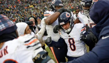 Chicago Bears' Cairo Santos is congratulated after making the game-winning field goal at the end of an NFL football game against the Green Bay Packers Sunday, Jan. 5, 2025, in Green Bay, Wis.