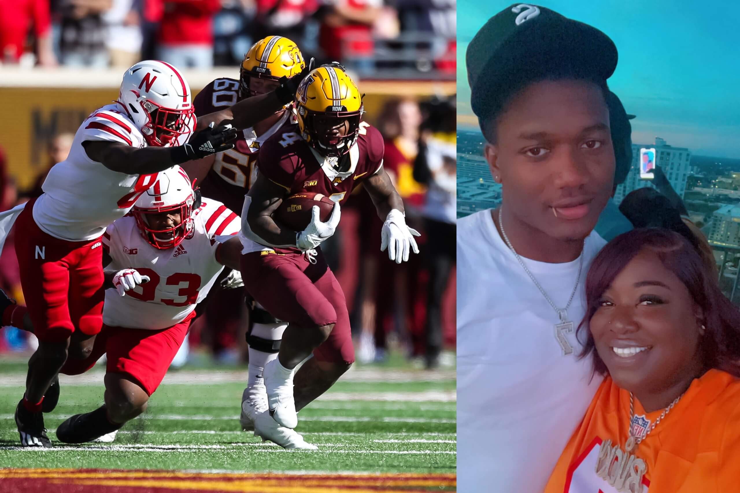 Photo collage of Bucky Irving running the football as a freshman for Minnesota, and a selfie with his mom, Latisha.