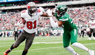 New York Jets cornerback Bryce Hall (37) tackles Tampa Bay Buccaneers wide receiver Antonio Brown (81) during an NFL football game, Sunday, Jan. 2, 2022, in East Rutherford, N.J. (AP Photo/Adam Hunger)