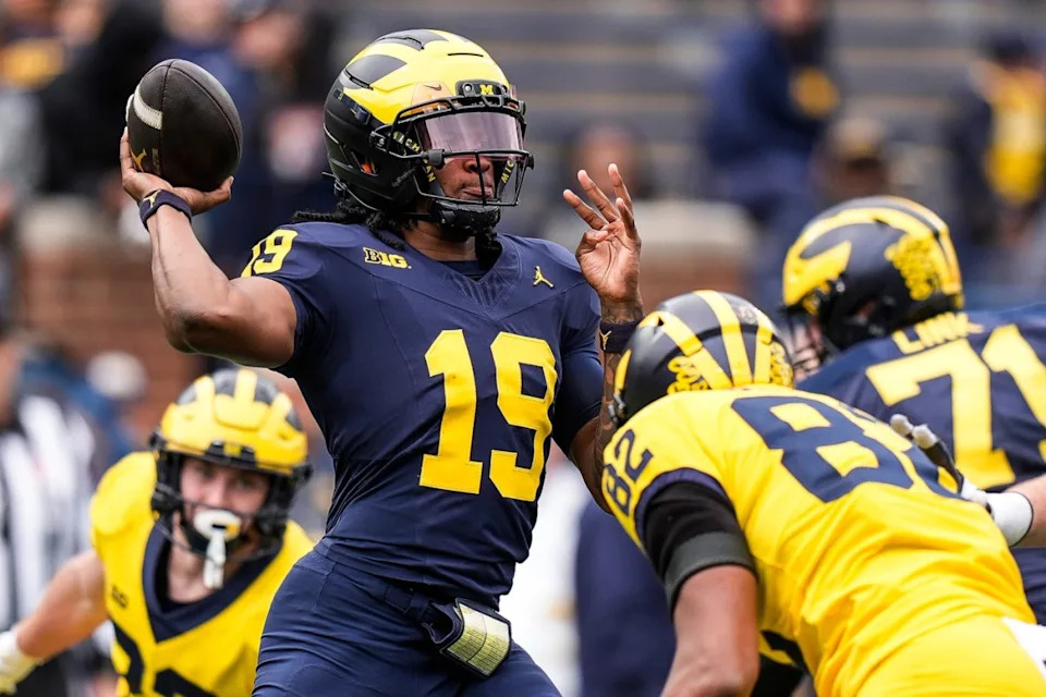 Michigan quarterback Bryce Underwood throws a pass in the Wolverines' spring intrasquad game in Ann Arbor on April 19.Junfu Han / USA TODAY Network via Imagn Images