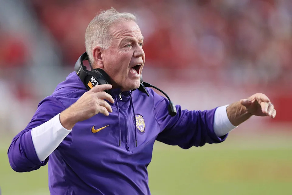 LSU Tigers coach Brian Kelly reacts to a call in the first half against the Arkansas Razorbacks at Donald W. Reynolds Razorback Stadium.Nelson Chenault-Imagn Images