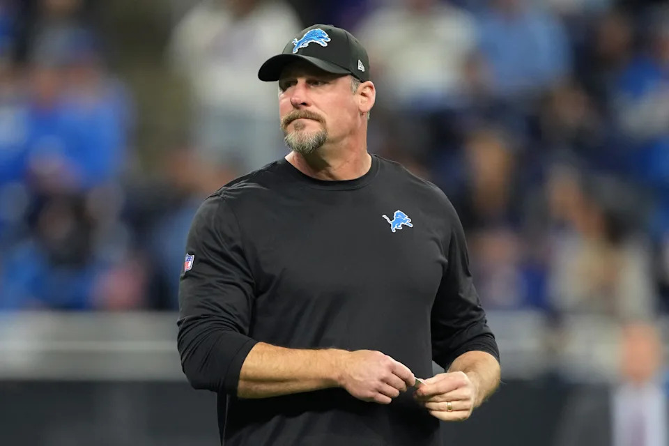 DETROIT, MICHIGAN - DECEMBER 15: Head coach Dan Campbell of the Detroit Lions looks on before the game against the Buffalo Bills at Ford Field on December 15, 2024 in Detroit, Michigan. (Photo by Nic Antaya/Getty Images)Nic Antaya/Getty Images