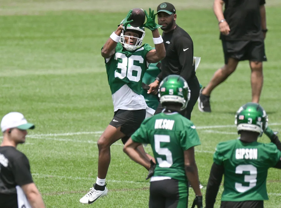 Jun 11, 2025; Florham Park, NY, USA; New York Jets wide receiver Jamaal Pritchett (36) catches a pass during minicamp at Atlantic Health Jets Training Center. Mandatory Credit: John Jones-Imagn Images