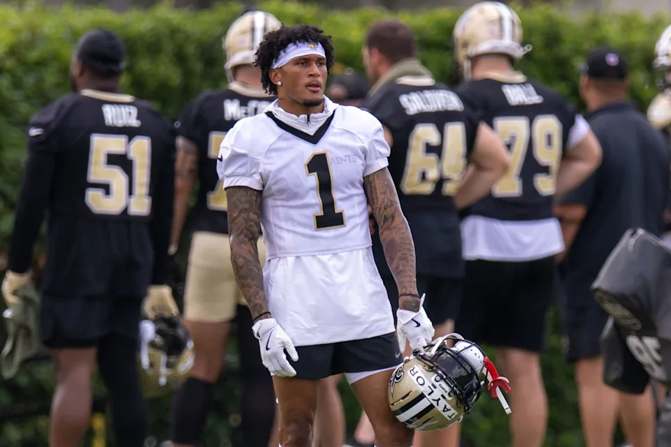 Jun 10, 2025; New Orleans, LA, USA; New Orleans Saints cornerback Alontae Taylor (1) looks on during minicamp at Ochsner Sports Performance Center. Mandatory Credit: Stephen Lew-Imagn Images